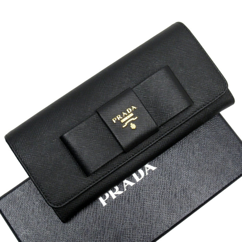 Prada Bi fold Long Wallet Rion Nero Black Gold Saffiano Leather
